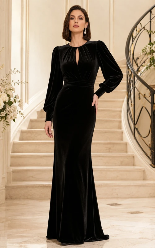 Elegante vestido de noche formal de lujo hasta el suelo, de terciopelo negro, con escote joya, abertura en forma de ojo de cerradura y mangas largas.