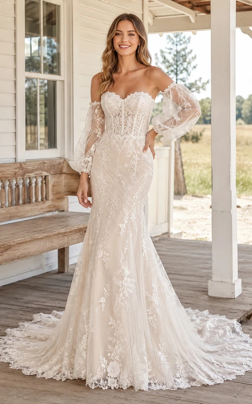 Country Off Shoulder Long Puff Sleeve Floral Lace Mermaid Chapel Train Wedding Dress