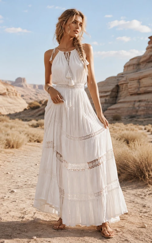 White Halter Sleeveless Tiered Lace Panel Chiffon Maxi Dress