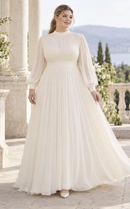 Vestido de novia de gasa de corte imperio, manga larga y cuello alto, con falda fruncida en línea A.