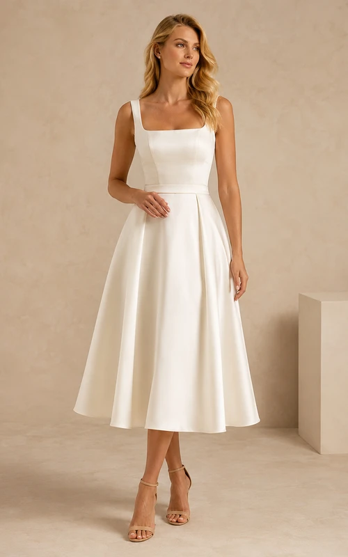 Robe de mariée minimaliste midi en satin à col carré et coupe trapèze, à prix abordable
