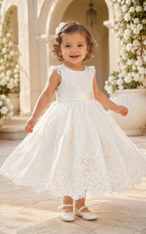 Scalloped Lace Hem Baptism Dress A-Line Tulle Jewel Neck Sleeveless Tea-Length
