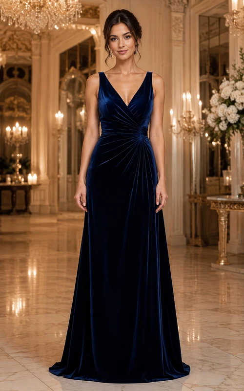 Robe de soirée trapèze en velours bleu marine foncé à col en V