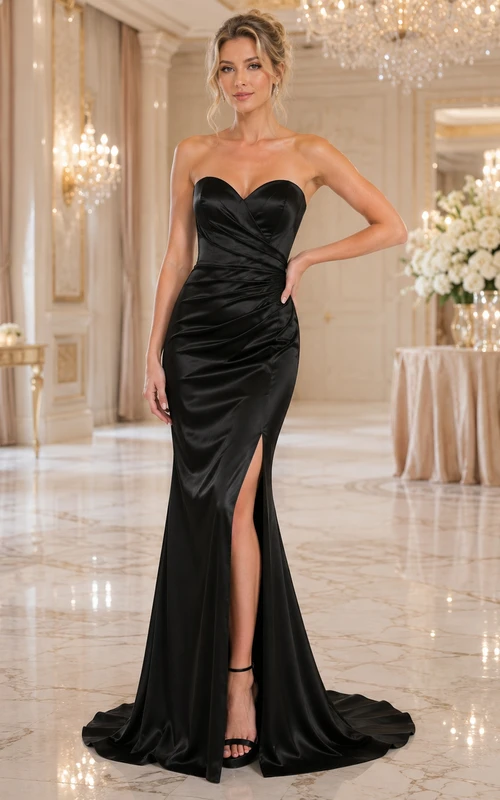 Schwarzes, trägerloses, elegantes Abendkleid aus Satin mit Meerjungfrauen-Ausschnitt und Schlitz.