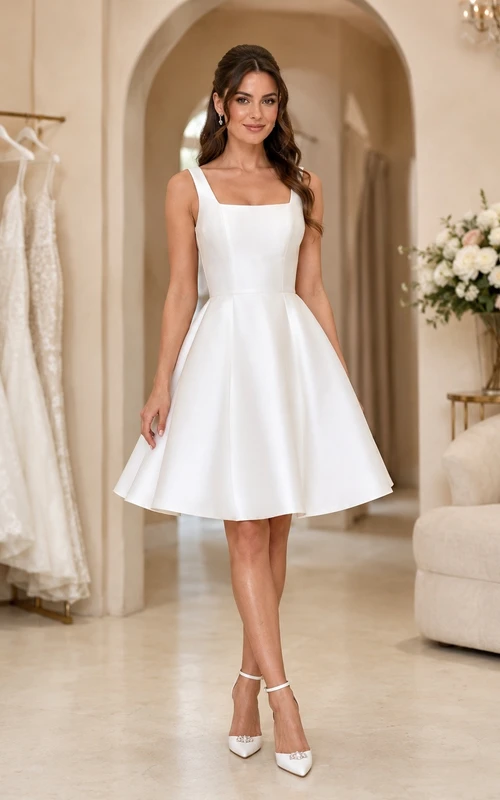 Vestido de novia sencillo de corte A, escote cuadrado y largo hasta la rodilla, ideal para fugarse por lo civil en el juzgado.
