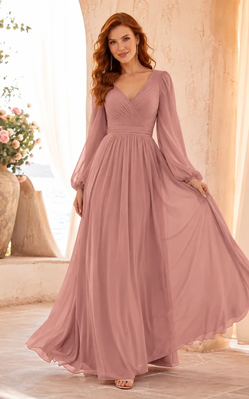 Elegante vestido de noche romántico de gasa color rosa empolvado con escote en V y mangas abullonadas.