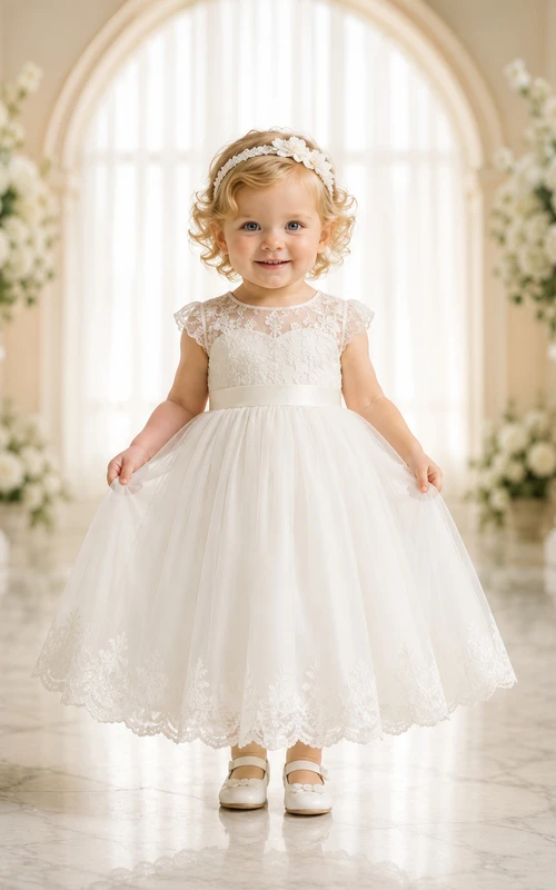 Robe de demoiselle d'honneur en dentelle ivoire et tulle, coupe trapèze, manches courtes, col rond, longueur midi