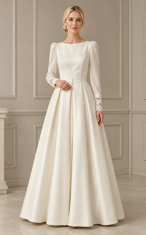 Robe de mariée sobre en satin, coupe trapèze, longueur au sol, décolleté bateau, manches longues, style Quiet Reverence