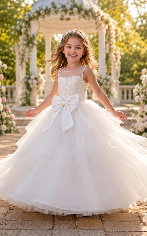Luxury Tulle Floor-Length Ball Gown Illusion Pearl Bow Flower Girl Garden Wedding Dress