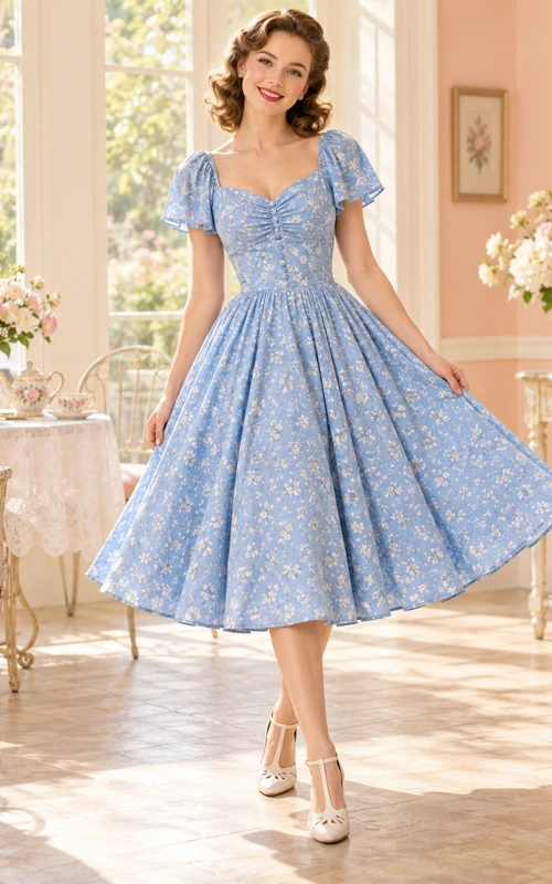 Robe de soirée midi bleu ciel à fleurs, décolleté cœur et manches papillon, style années 40