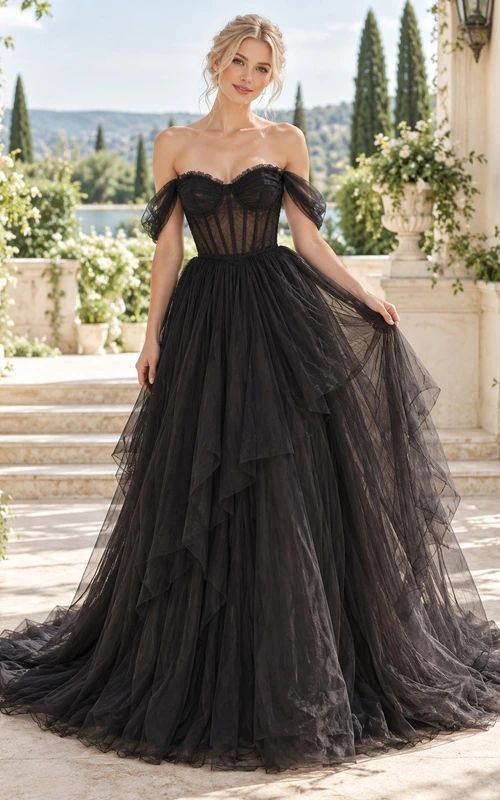 Black Off Shoulder Corset Layered Tulle A-Line Wedding Dress