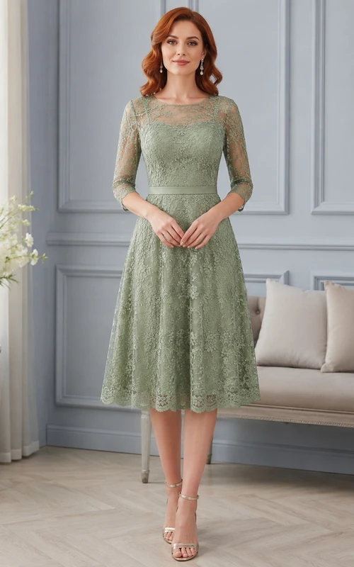 Modest Sage Bateau Three-Quarter Sleeve Lace A-Line Tea-Length Cocktail Dress
