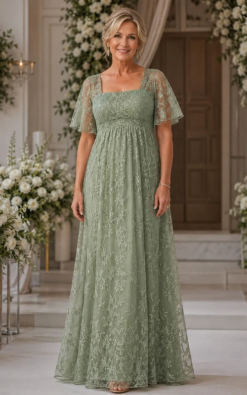 Vestido de encaje de manga corta con escote redondo y corte en A para madres.