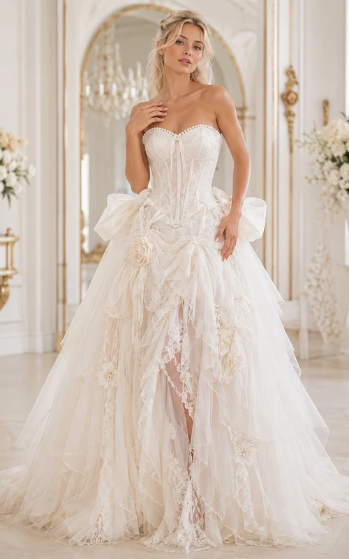 Vestido de novia romántico sin tirantes, corte en A, de tul con volantes, color marfil