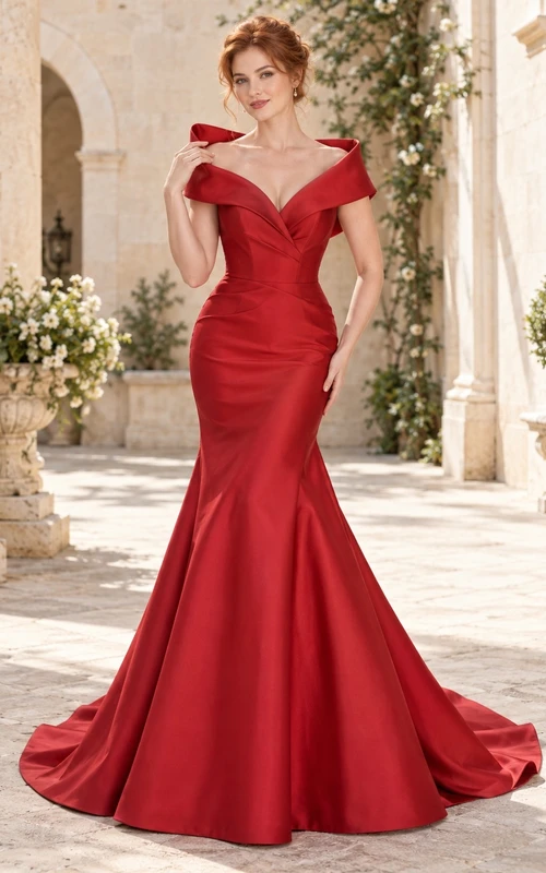 Vestido de novia de satén rojo, sin mangas, con escote de hombros descubiertos, cuello cruzado y cola de trompeta, largo hasta el suelo.