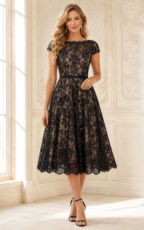 Bateau Noir Black A-Line Tea-Length Short-Sleeve Lace Vintage Guest Dress
