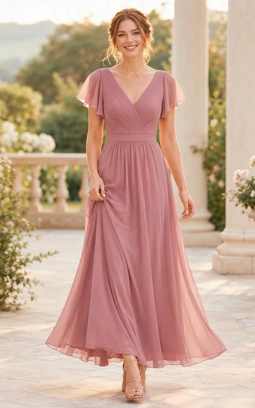 Vestido de gasa color rosa empolvado con escote en V y mangas con volantes