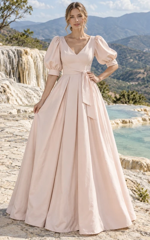 Brautkleid aus rosafarbenem Baumwollpopeline mit V-Ausschnitt, Puffärmeln und plissiertem A-Linien-Rock