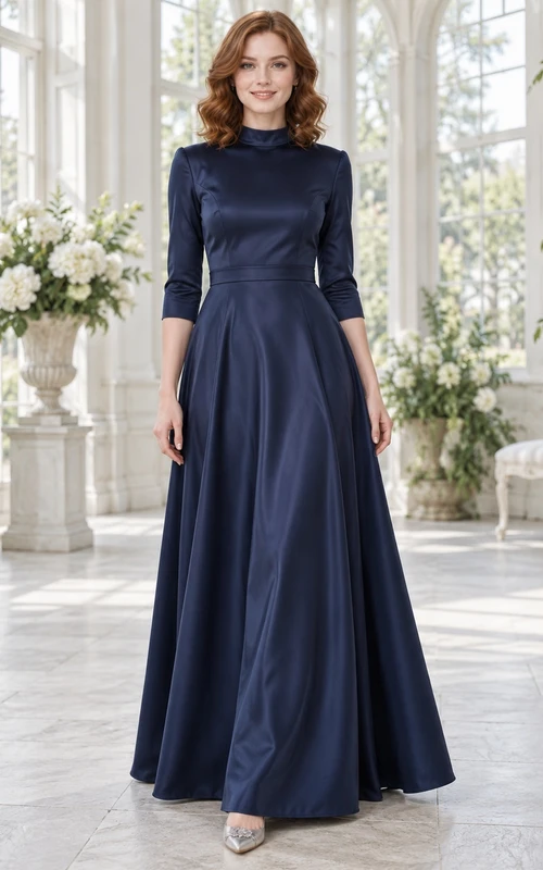 Robe de bal bleu marine en satin, coupe trapèze, col montant, manches trois-quarts.