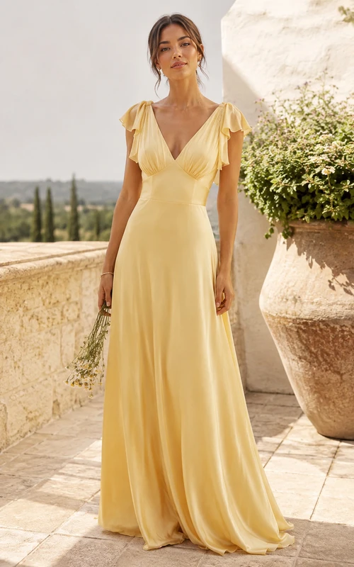 Vestido de gasa de corte A con escote en V y mangas con volantes color narciso