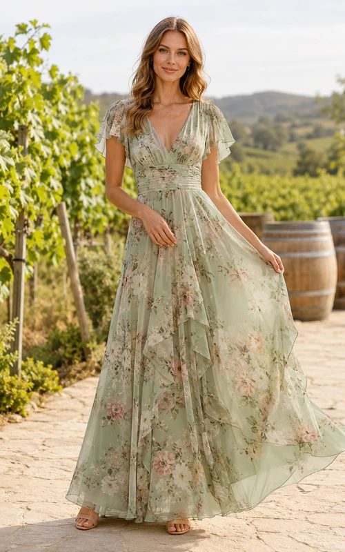 celadon Floral V Neck Flutter Sleeve Chiffon Maxi Guest Dress