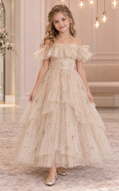 Champagnerfarbenes, schulterfreies, gestuftes Rüschen-Tüll-Blumenmädchenkleid