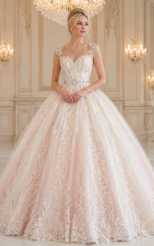 Vestido de fiesta formal de princesa para quinceañera, color marfil rosado, con mangas cortas y encaje ilusión.