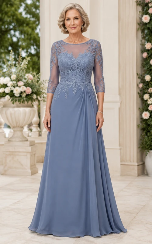 Vestido de madre de corte A con mangas de encaje azul acero y efecto ilusión