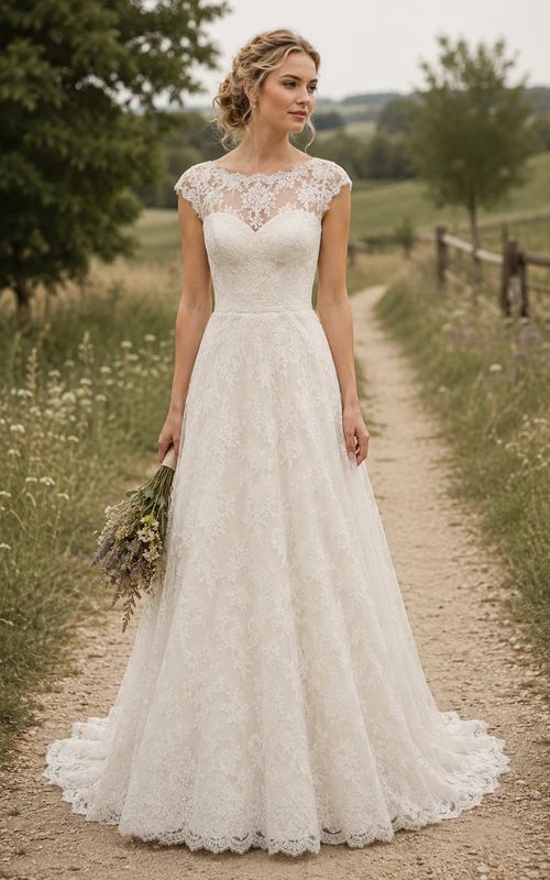 Modest Cap Sleeve A-Line Lace Country Wedding Dress with Illusion Neckline