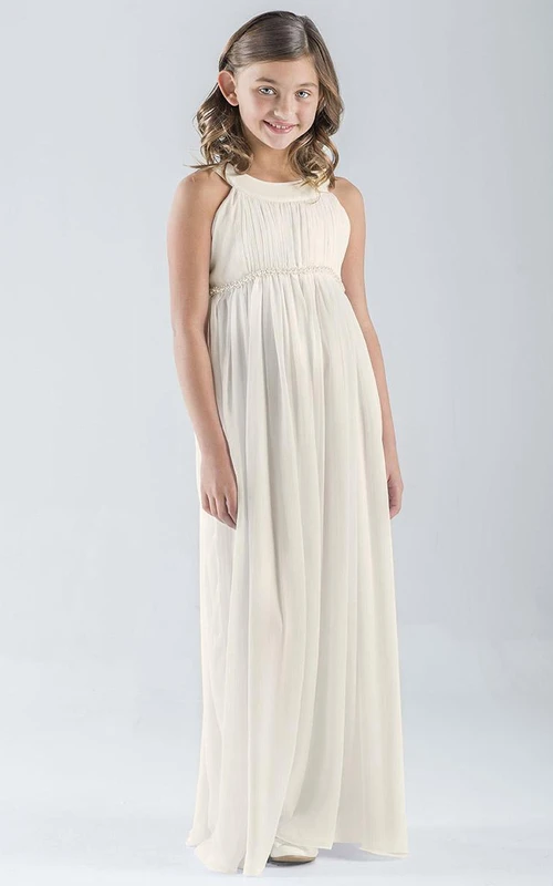 Robe de demoiselle d'honneur maxi plissée empire sans manches en mousseline