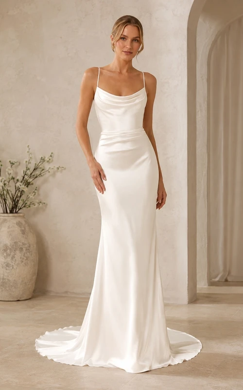 Sheath Draped Sweep Train Bridal Ceremony Wedding Dress Formal