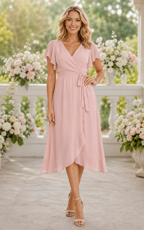 Vestido de gasa rosa empolvado de largo midi con escote en V, mangas con volantes y corte asimétrico, ideal para embarazadas.