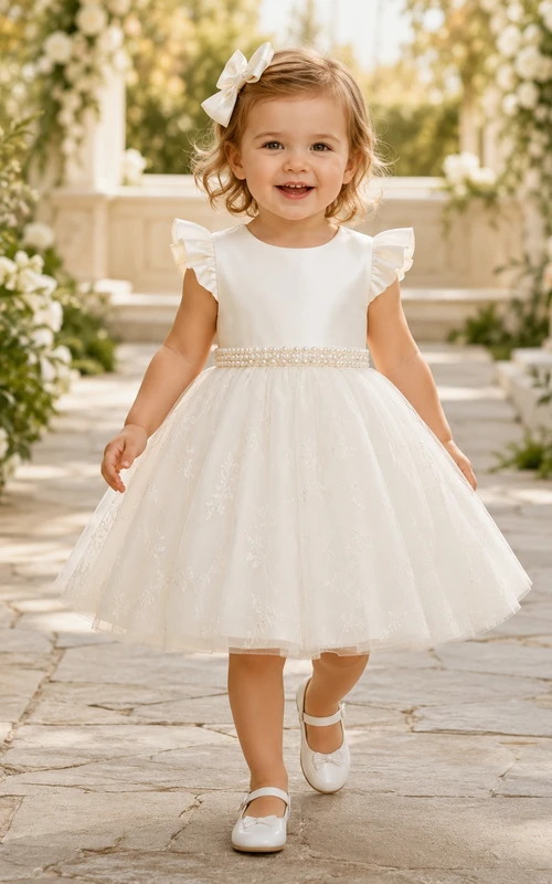 Robe de baptême pour bébé, coupe trapèze, manches papillon, en tulle, taille perlée, simple, élégante et adorable en dentelle