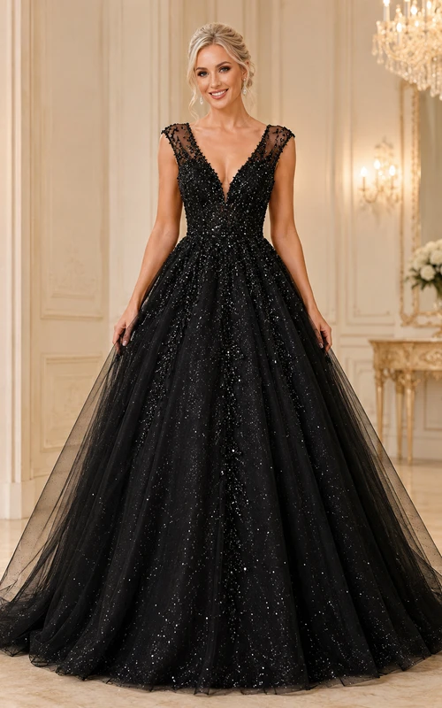 Sternenklares Atrium Schwarzes Ballkleid Bodenlang V-Ausschnitt Ärmellos Tüll Luxus Abiballkleid