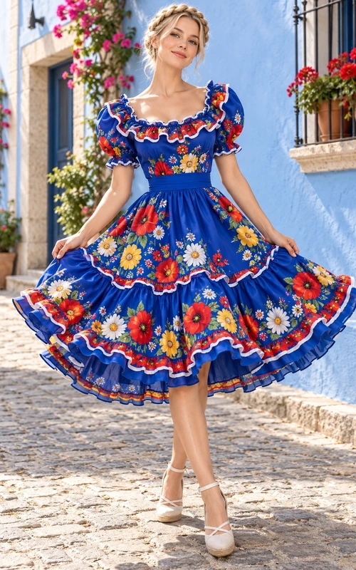 Royal Blue Scoop Neck Floral Puff Sleeve Ruffled Folk Dress