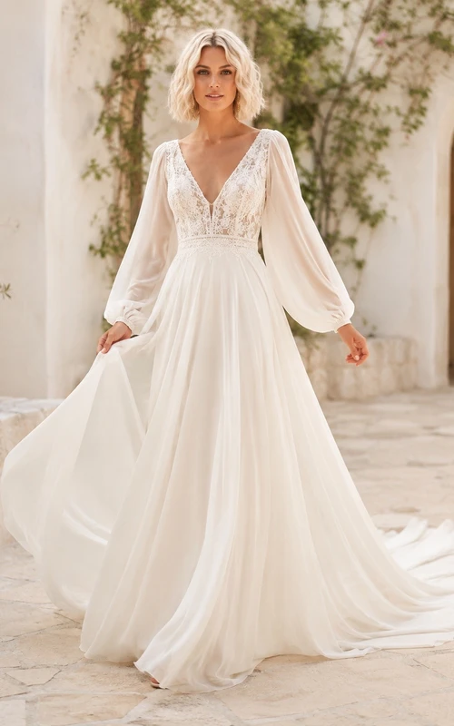 Vestido de novia bohemio playero de manga larga, corte A, encaje y cola