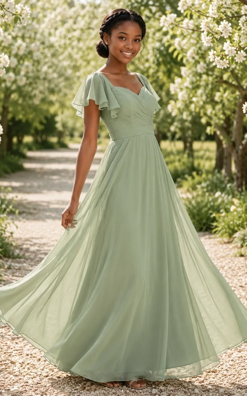 Vestido de dama de honor juvenil color celadón, corte en A, escote redondo, manga corta, pétalos plisados, estilo romántico.