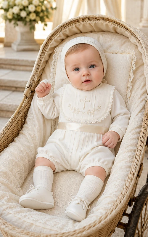 Erbstück Elfenbein Langärmeliger bestickter Lätzchen-Tauf-Strampler für Babys