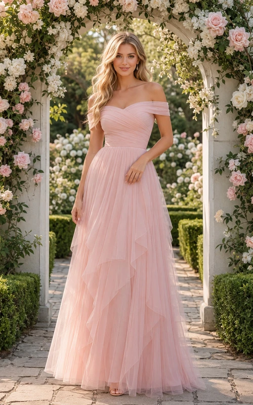 Blush Off Shoulder Layered Tulle Floor Length A Line Garden Guest Dress