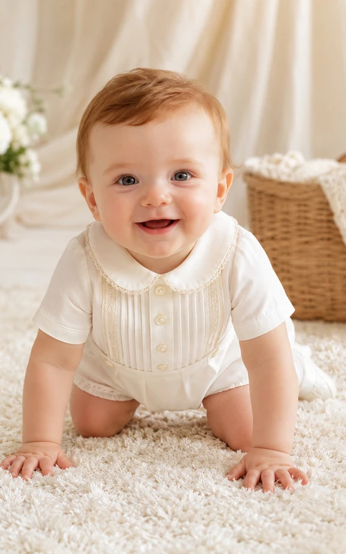 Ivory Textured Pintuck Peter Collar Short Sleeve Baptism Bubble Romper for Baby Boy