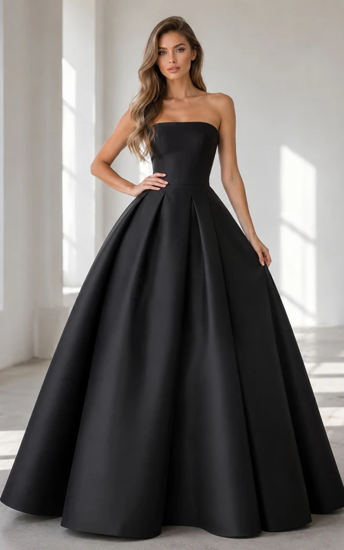 Black Strapless Satin Sleeveless Ball Gown Floor-Length Evening Dress