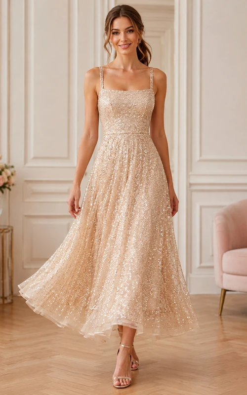 Vestido formal de lujo color champán con lentejuelas, corte en A, largo hasta la rodilla, con tirantes finos y cuadrado.