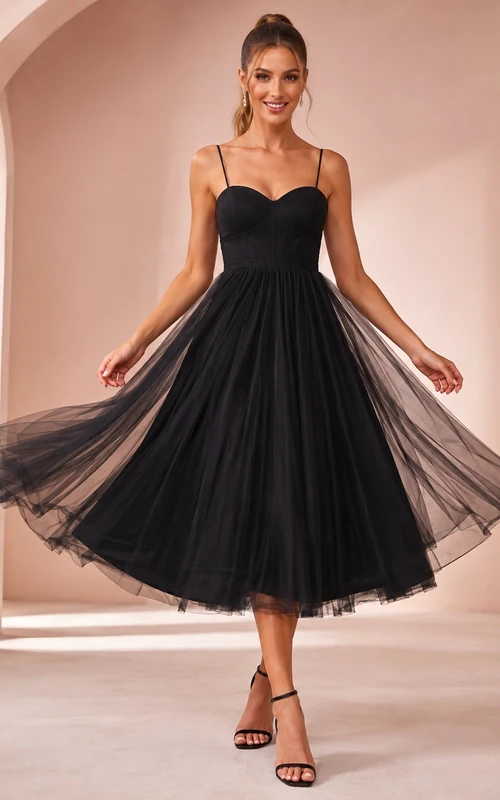 Robe de cocktail midi noire bustier en tulle à décolleté cœur