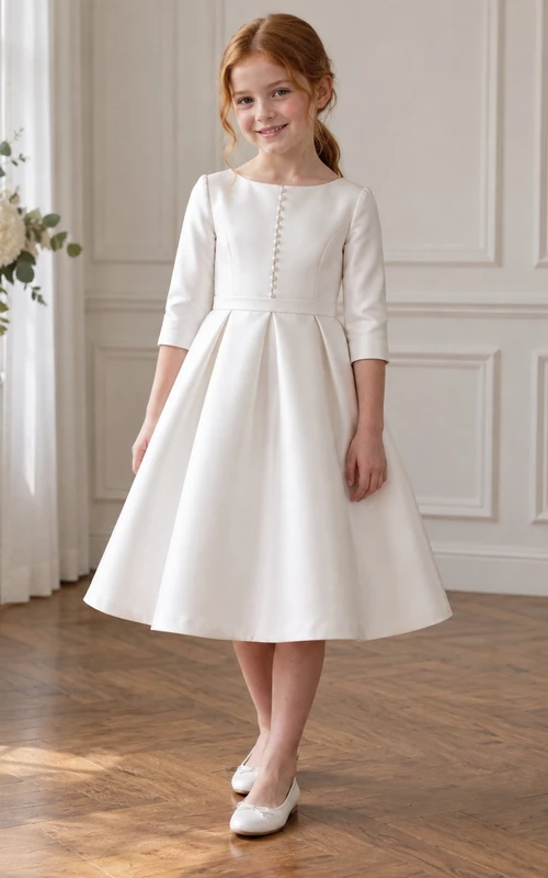 Simple Tea-length Ivory Satin Jewel Three-quarter-sleeve Buttoned Narrow-waistband Box-pleated A-line Flower Girl Dress