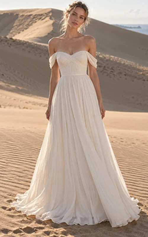 Schlichtes schulterfreies Brautkleid mit herzförmigem Dekolleté und gerafftem Oberteil in A-Linie