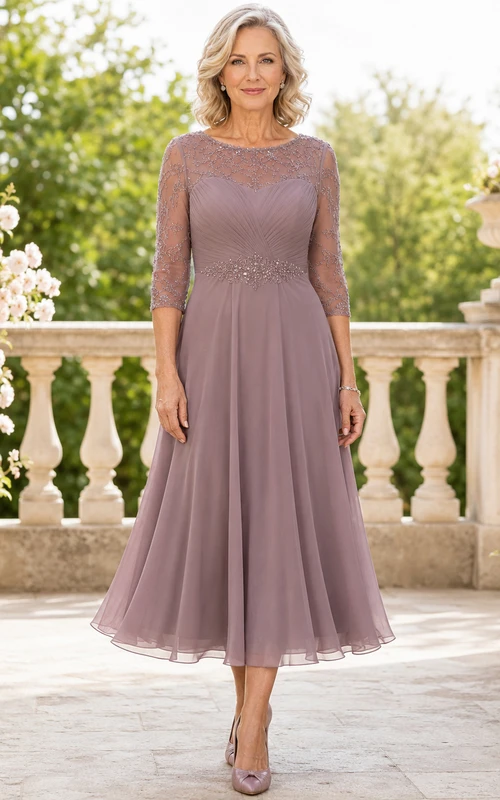 Elegantes Vintage-Brautkleid in Mauve-Spitze mit Illusion-Bateau-Ausschnitt, Dreiviertelärmeln, Perlenbesatz und A-Linien-Schnitt in Teelänge.