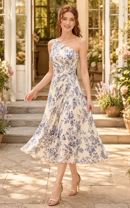 Blue Floral Garden Wedding Guest Dress A-Line Chiffon One-Shoulder Sleeveless Tea-Length Floral Print