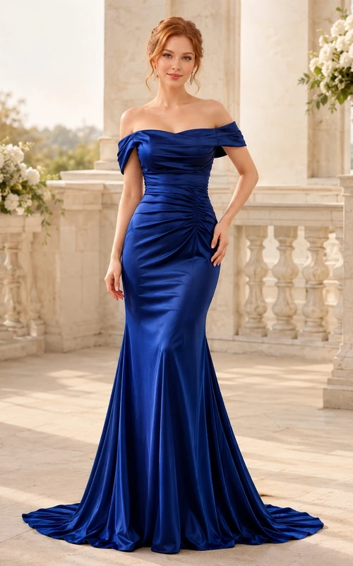 Royal Blue Satin Off-the-shoulder Ruched Floor-length Mermaid Sweep Evening Gown