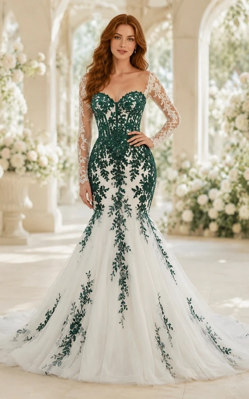 Emerald Garden Brautkleid im Meerjungfrauen-/Trompetenstil mit V-Ausschnitt, langen Ärmeln und Schleppe – romantisch und elegant