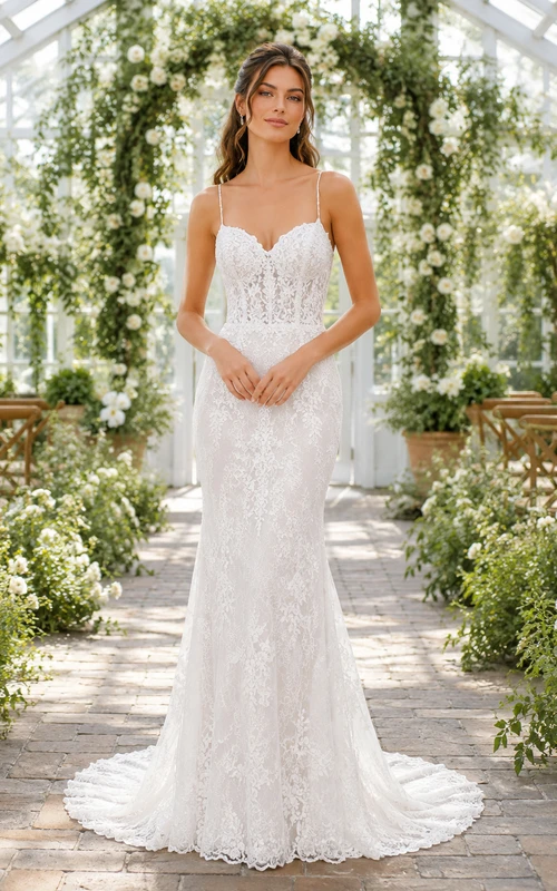 Vestido de novia de corte sirena con escote corazón y tirantes finos de encaje estilo jardín.